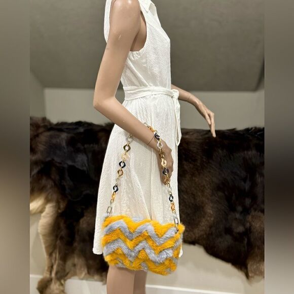 Real Mink Fur Colorblock Herringbone Pattern Handmade Slouchy Bag/Crossbody - Picture 9 of 16